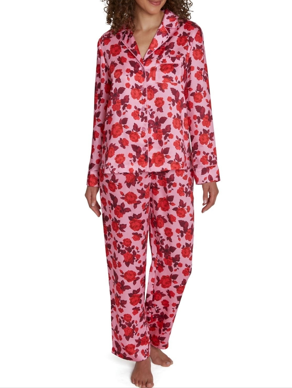 LOFT Pink Red Floral Notched Collar Long 2 Piece Pajama Set Womens Size Large